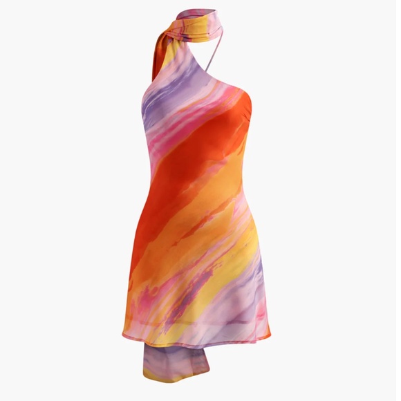 Semi-Sheer Halter Backless Tie Dye Short Dress - Multicolor / L - Picture 1 of 6
